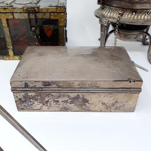 124B - A George V silver cigarette box, a Huntley & Palmers Armada Chest biscuit barrel, and assorted silve... 