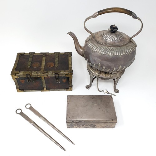 124B - A George V silver cigarette box, a Huntley & Palmers Armada Chest biscuit barrel, and assorted silve... 