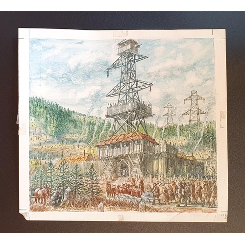 99 - Graham Thomas Oakley (British, 1929-2022), A pylon converted to a fort, watercolour, unsigned, 16 x ... 