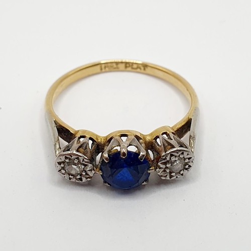 832 - An 18ct gold and platinum, diamond and sapphire ring, ring size L, in a vintage jewellery box