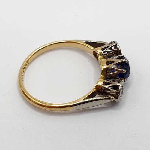 832 - An 18ct gold and platinum, diamond and sapphire ring, ring size L, in a vintage jewellery box