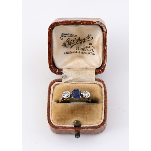 832 - An 18ct gold and platinum, diamond and sapphire ring, ring size L, in a vintage jewellery box