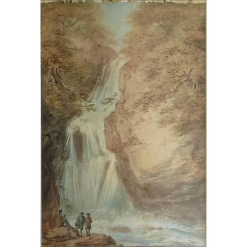 397A - J Barker, watercolour, three gentlemen in front of a waterfall, signed, 53 x 35 cm