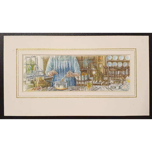 555 - Graham Thomas Oakley (British, 1929-2022), A cat watching a person cook, watercolour, signed, 5 x 15... 