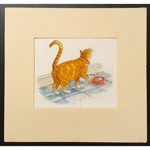 556 - Graham Thomas Oakley (British, 1929-2022), A cat by its food bowl, watercolour, unsigned, 7 x 8 cm (... 