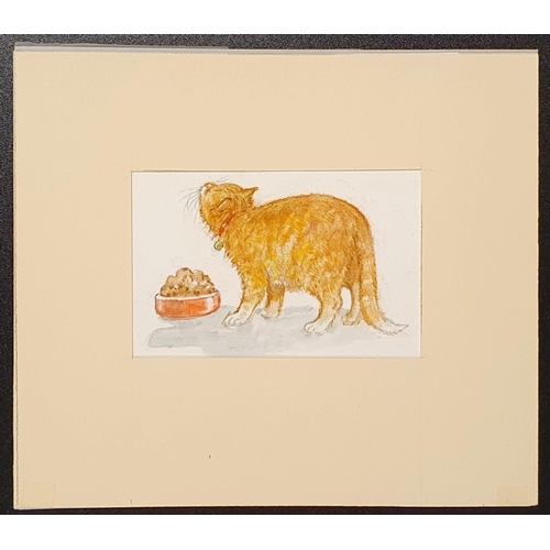 561 - Graham Thomas Oakley (British, 1929-2022), A cat with a large bowl of food, watercolour, unsigned, 5... 