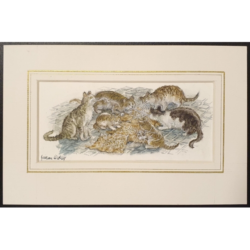 564 - Graham Thomas Oakley (British, 1929-2022), Kittens playing with string, watercolour, signed, 7 x 15 ... 