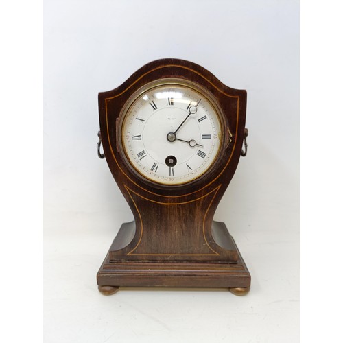 342 - An Edwardian inlaid mahogany mantel clock, a pair of dog bookends, damaged, a wall light and other i... 