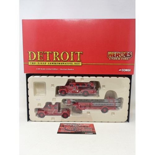 430 - A Corgis Heroes Under Fire two piece fire truck set, No US99150, and assorted other die-cast fire tr... 