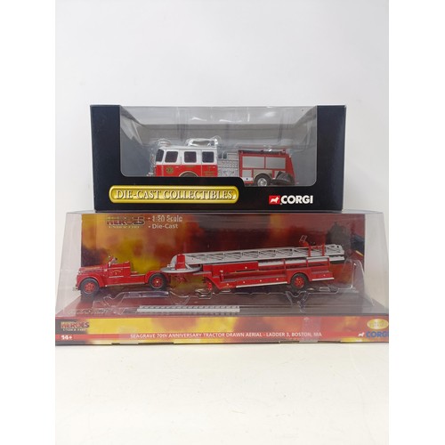 430 - A Corgis Heroes Under Fire two piece fire truck set, No US99150, and assorted other die-cast fire tr... 