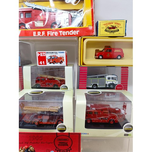 434 - A Dinky ERF Fire tender, No 266, and other toy fire engines and trucks, mostly boxed (box)