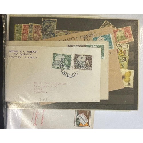 17 - Basutoland and Lesotho - Accumulation of stamps and covers on cards etc in folder and stockbook with... 