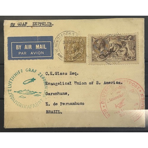 42 - Great Britain - 1932 Zeppelin cover to Brazil franked Seahorse 2/6 and GV 1/- value with Wimbledon c... 