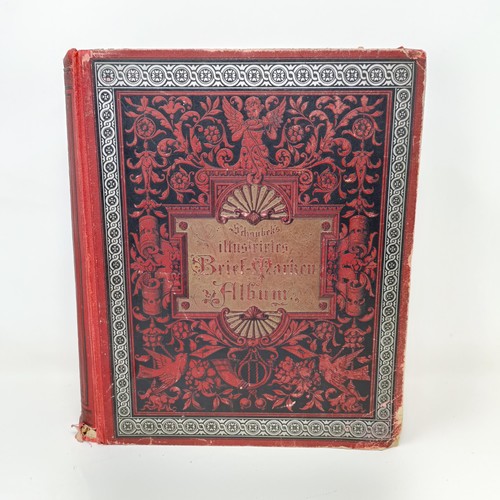 1 - A Schaubek postage stamp album, with assorted world stamps, including a GB Penny Black, 1894 edition