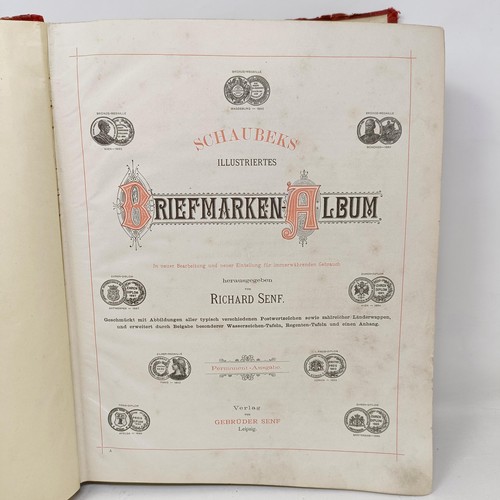 1 - A Schaubek postage stamp album, with assorted world stamps, including a GB Penny Black, 1894 edition