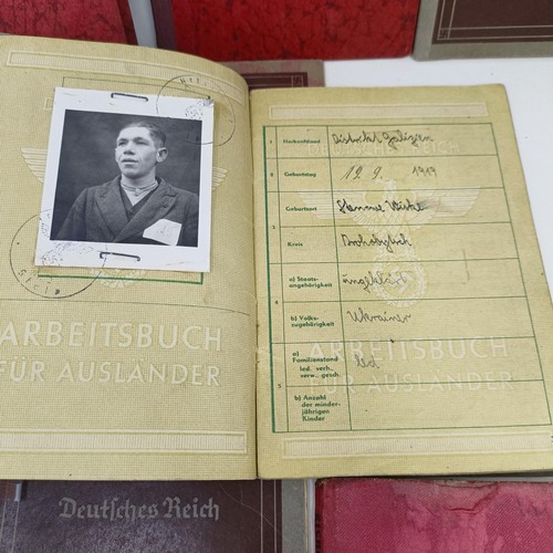 228 - A group of nine German pay books, another booklet, a group of German Third Reich coins, and assorted... 