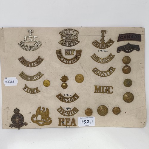 152 - A group of assorted shoulder titles, buttons and military badges, on three cards