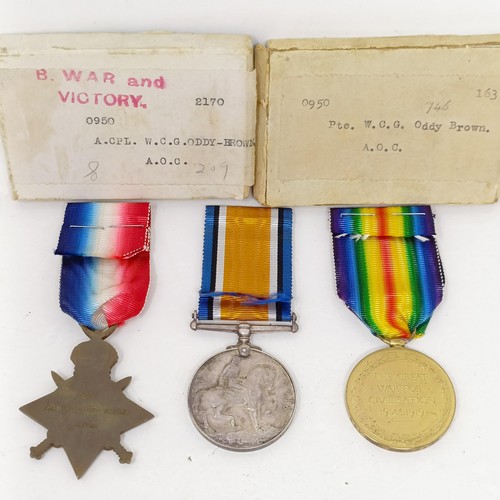 242 - A 1914-15 Star trio, awarded to 0950 Pte W C G Oddy Brown AOC, with two boxes of issue