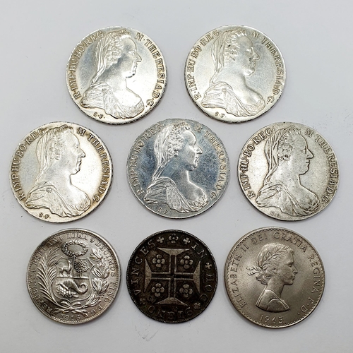 106 - A Portugese 400 Reis (Cruzado), 1816, a Peruvian Sol, 1916, five Thaler's, and a Churchill crown