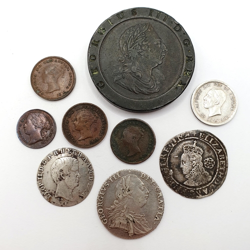 99 - A George III shilling, 1787, and a group of other assorted coins