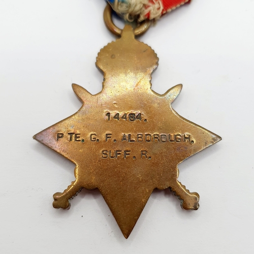 164 - A 1914-15 trio, awarded to 14484 Pte G F Alborough, Suffolk Regiment, a small group of badges, a Fre... 