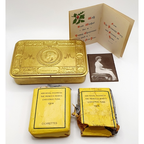 165 - A Princess Mary Christmas 1914 tin, with the Christmas card, envelope, a small photo and the majorit... 