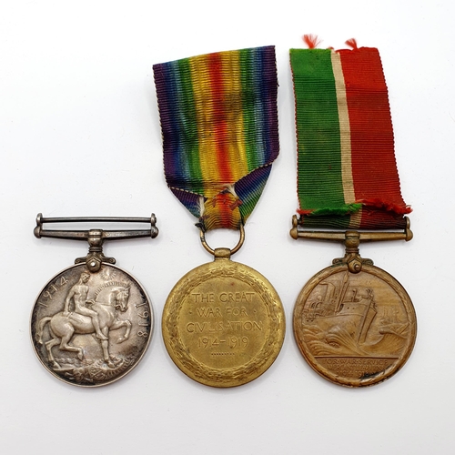 191 - A group of three medals, comprising a pair of WWI medals, and a Mercantile Marine Medal, awarded to ... 