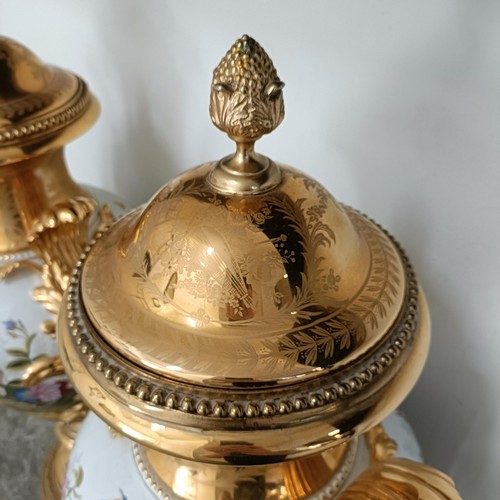 300 - A large pair Continental porcelain vases and covers, decorated birds and flowers, with gilt handles ... 