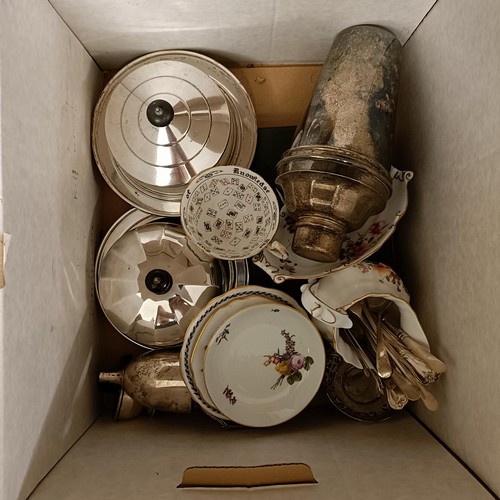 306 - A set of silver coloured metal pastry forks, assorted silver plate, ceramics, glass, a small mirror ... 