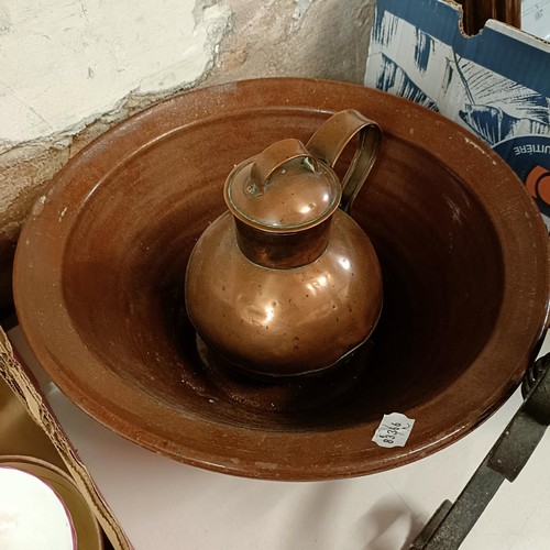 309 - A walnut caddy, 25 cm wide, a brown glazed bowl, 41 cm diameter, a cast metal stand, and assorted ot... 