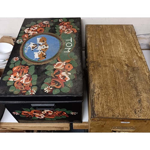 316 - Two painted trunks, assorted flatwares, and other items