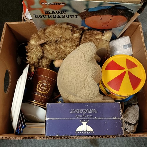 329 - A vintage teddy, with a growler, assorted toys, Royal memorabilia, and other items (2 boxes)