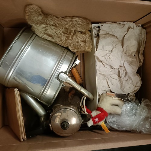 329 - A vintage teddy, with a growler, assorted toys, Royal memorabilia, and other items (2 boxes)