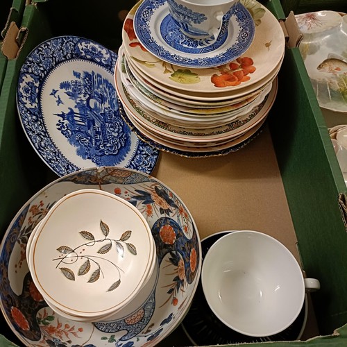 340 - A Japanese bowl, glued, other ceramics and a group of plated cutlery (2 boxes)