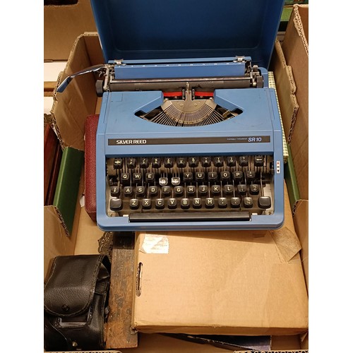 347 - A typewriter, a collectors plate, a child's gas mask, and assorted other items (box)