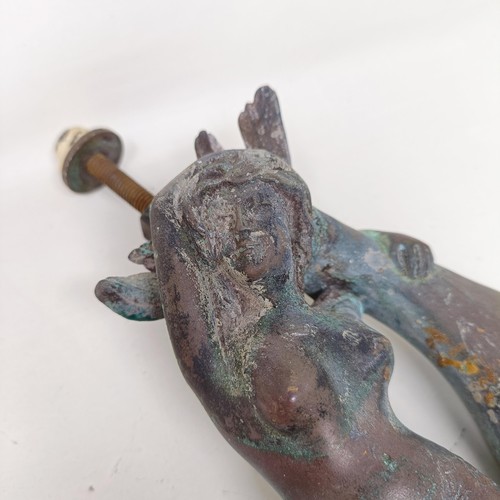 358 - An unusual brass door knocker, in the form of a mermaid and a seal, 21 cm high