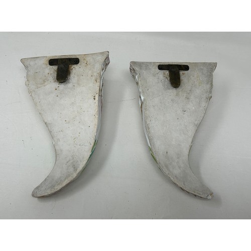 371 - A pair of Continental porcelain wall pockets, decorated birds, 22 cm high