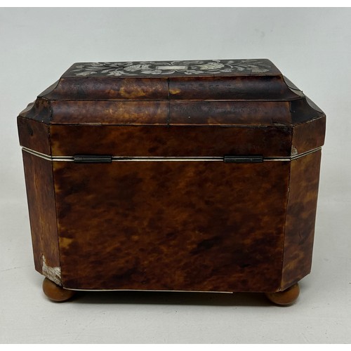 375 - An early 19th century tea caddy, veneered in tortoiseshell and inlaid with mother of pearl, 19 cm wi... 