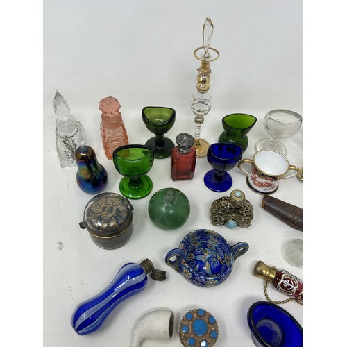 384 - A Millefiori glass twin handled cup, 8 cm wide, assorted other items (box)