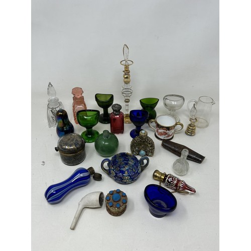 384 - A Millefiori glass twin handled cup, 8 cm wide, assorted other items (box)