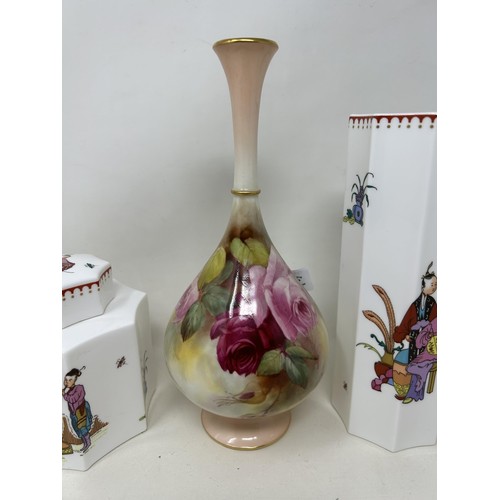 396 - A Royal Worcester blush ivory vase, decorated roses, 23 cm high, and two items of Royal Worcester Or... 