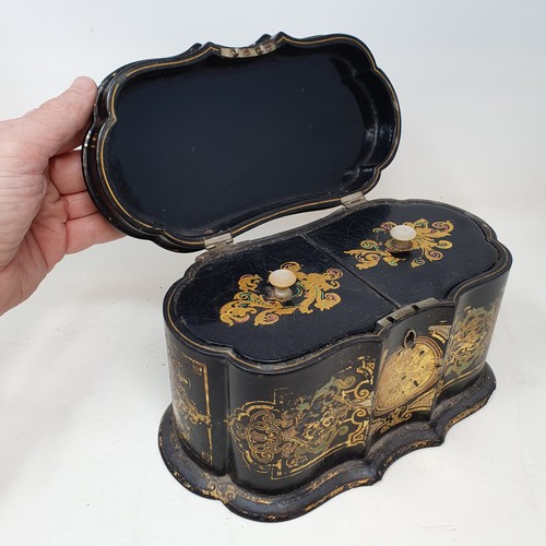 382 - A 19th century papier-mâché tea caddy, signed Jennens & Bettridge with mother of pearl inlay, 22 cm ... 