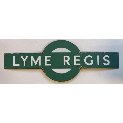 1023 - A Lyme Regis railway station enamel target sign, 33 x 91.5 cm