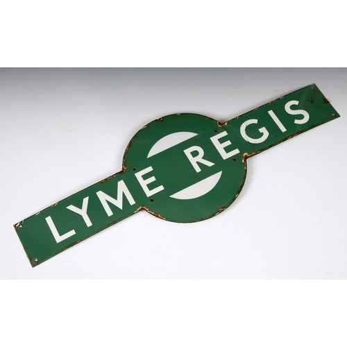 1023 - A Lyme Regis railway station enamel target sign, 33 x 91.5 cm