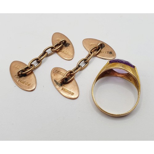 887 - A pair of 9ct gold cufflinks, 4.3 g, and a 9ct gold and purple stone ring, ring size K