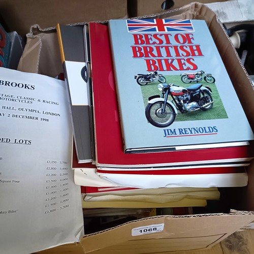 1068 - Assorted NSU 250 motorcycle spares, Honda XR decals, motorcycle boots and assorted books (qty)