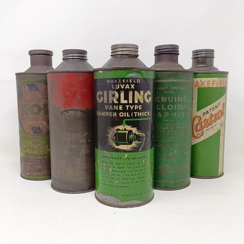 1020 - A Castrol oil can, a Wakefield Luvax Girling oil can, and three other oil cans (5)