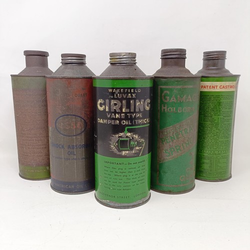 1020 - A Castrol oil can, a Wakefield Luvax Girling oil can, and three other oil cans (5)