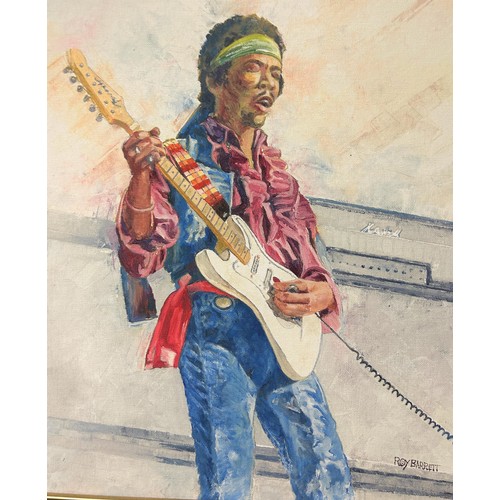 391 - Roy Barrett, a portrait of Jimi Hendrix, mixed media, with an applied limited edition miniature Fend... 