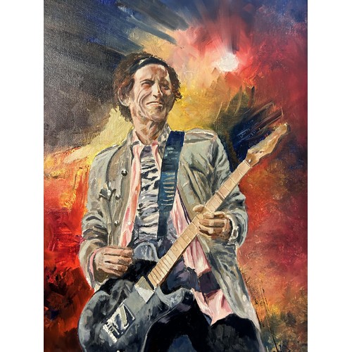 392 - Roy Barrett, portrait of Keith Richard of the Rolling Stones, mixed media on canvas, 59 cm x 29 cm